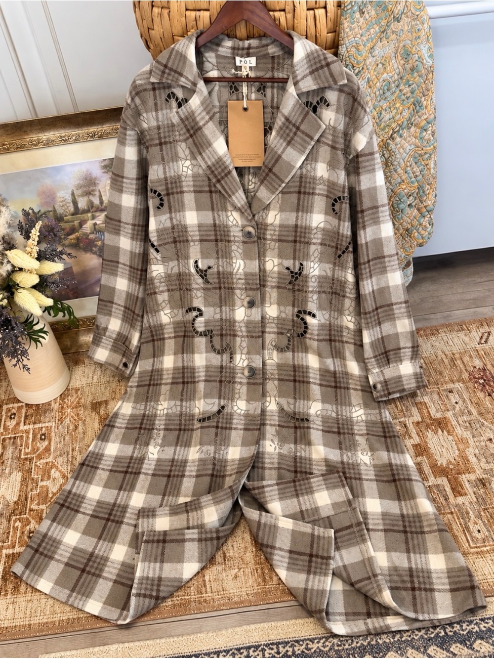 POL One of a Kind Sample Wool Blend Laser Cut Plaid Duster Coat Shacket NWT